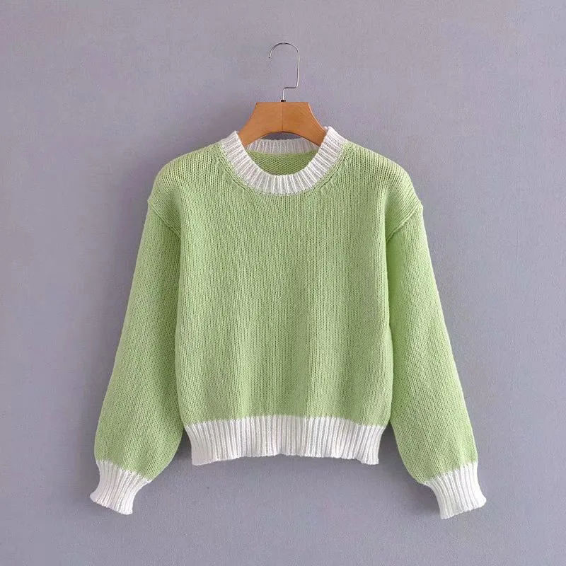 

2021 Women High Quality Pure Light Green Round Neck Lantern Long Sleeve Knitted Sweaters Female Vintage Loose And Casual Pullove