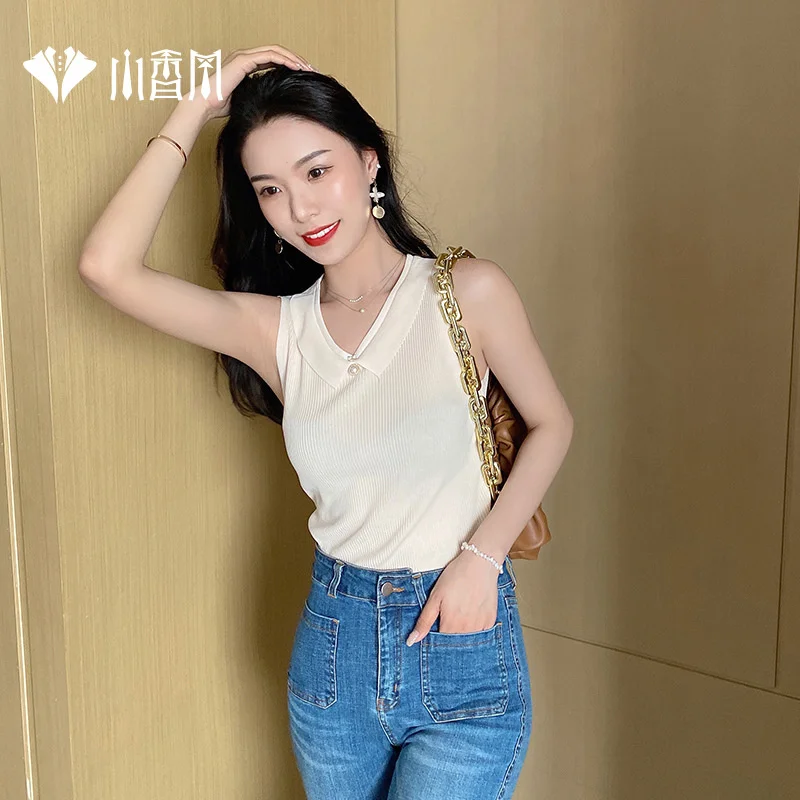 

Xiaoxiangfeng ice silk suspender vest female Xia slim fit sleevel bottoming inside and outside wearing knitwear short thin top