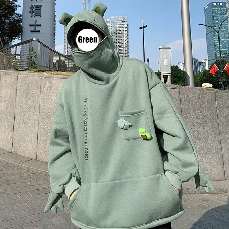 

Fleece Frog Shape Hoodies with A Big Pocket Winter Warm Thick Soft Loose Oversized Sweatshirt Outwear Pullover Teens H9