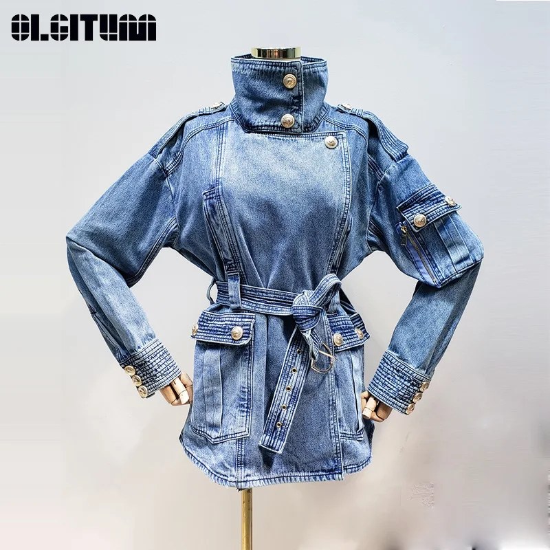 Женская джинсовая куртка с высоким воротником свободная повседневная в стиле