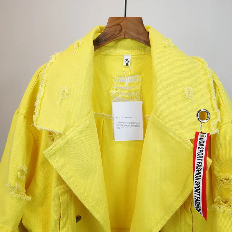 

2020 Autumn Winter New Jean Jacket Pockets Holes Women Denim Jackets Pole Female Casual Loose Basic Coat Cool Girl Outwear M126