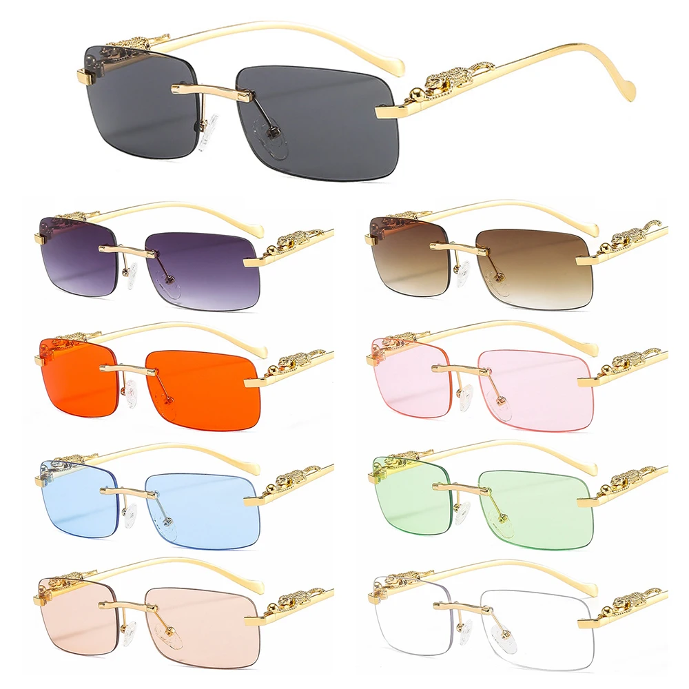 

Fashion Rimless Rectangle Sunglasses Women Retro Cheetah Decoration Clear Ocean Lens Eyewear Men Sun Glasses Shades UV400