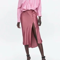 couture summer glossy satin trumpet womens skirts high waist skirt pink midi skirt charming split formal party jupe real image