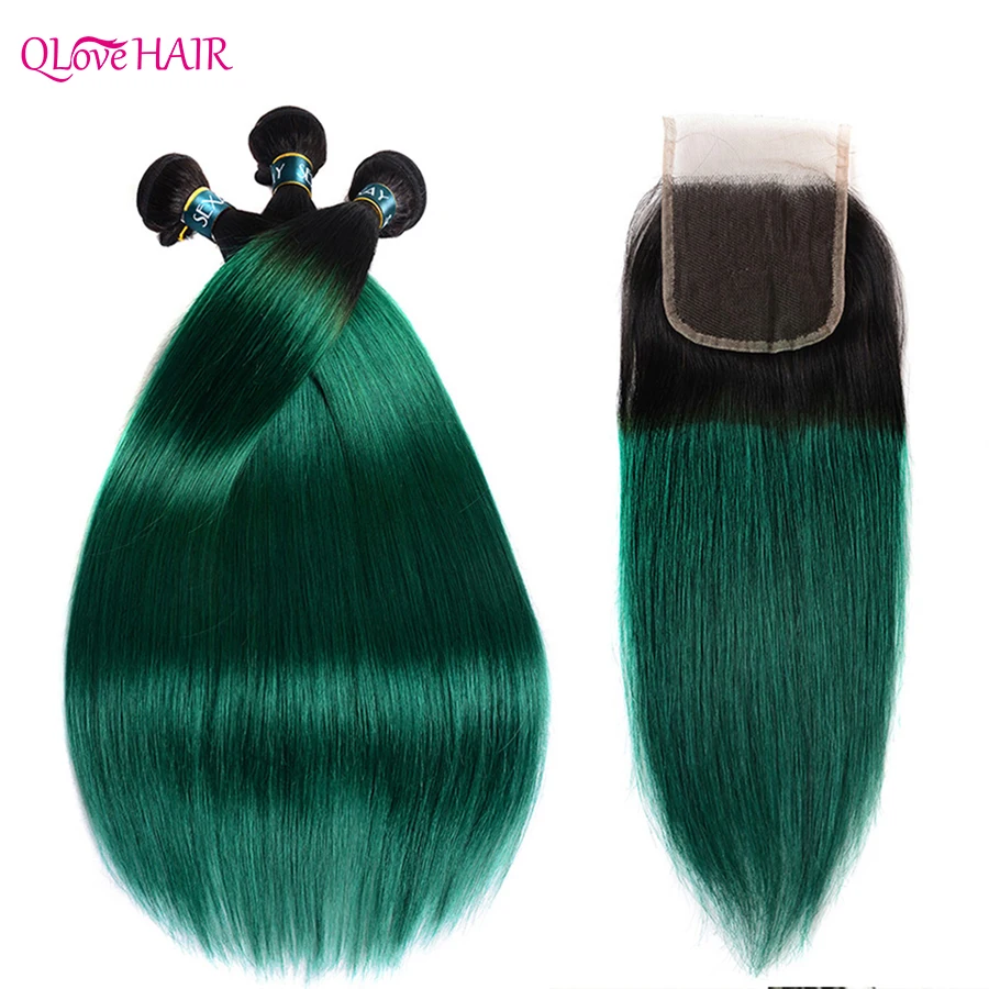 

QLove Hair Ombre T1B/Green Bundles With Closure Brazilian 4x4 Straight Hair Bundles With Closure Remy Human Hair Weave Bundles