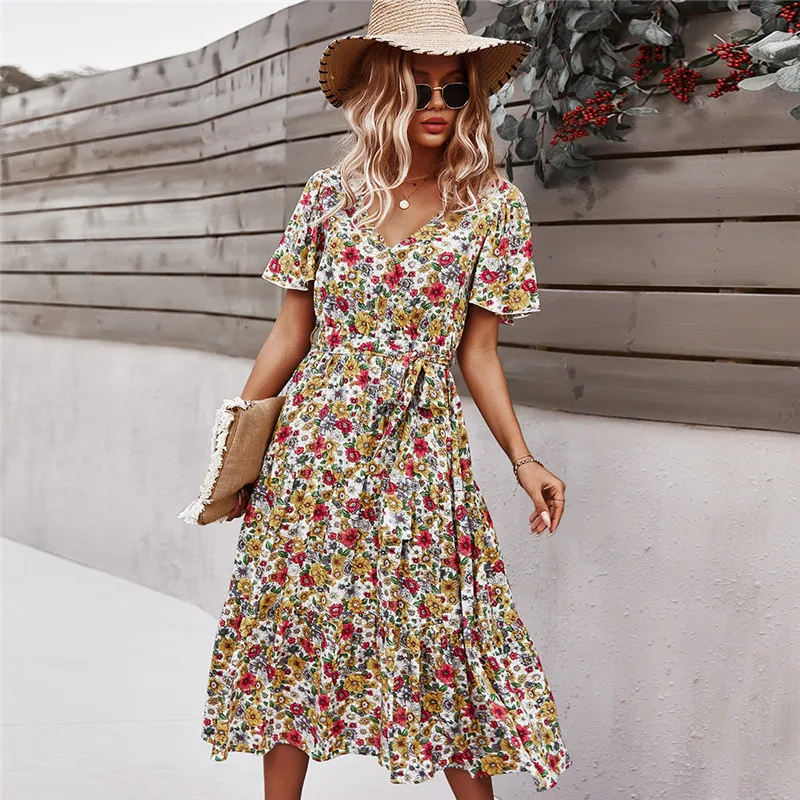 

2021 Spring New Short Sleeve Floral Dress Women Casual High Waist Sexy V Neck Print Dress For Woman Summer Knee Length Dress