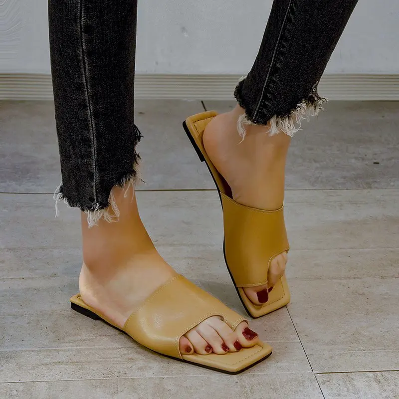 Summer Barefoot Toe Ring Slides Fashion Outdoor Shoes Ladies Peep Toe Leather Slippers Women's Flat Street Shoes Plus Size 35-43
