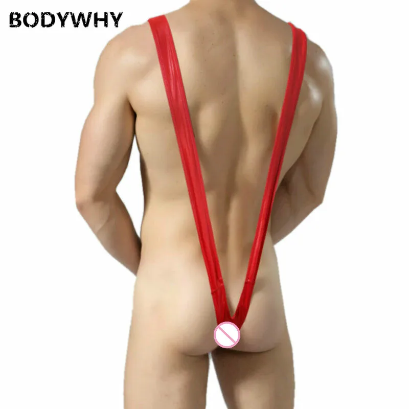Mens Sexy Mankini Underwear Faux Leather Sexy V-shaped Swimwear Strap Bikini Beach Swimwear Men Pajamas Crotchless Underwear