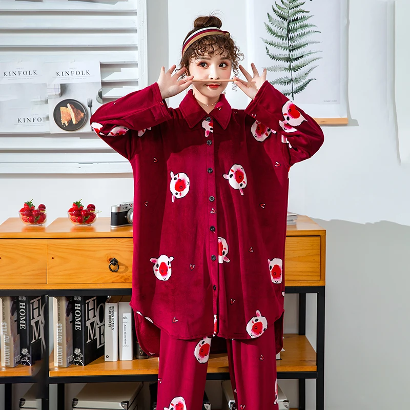 Фланелевые пижамные комплекты женские зимние пижамы кардиган с длинными