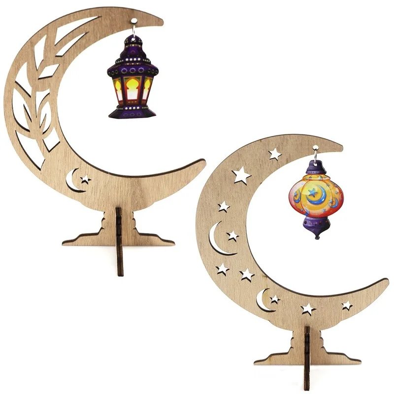 

2021 Wooden Eid Mubarak Ramadan Festival Kulbang Moon Painted Lantern Table Decoration Crafts Party Decor Holiday Celebration