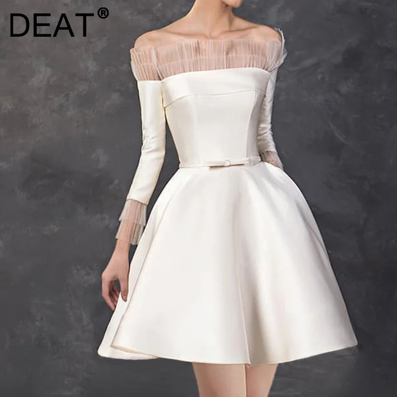 

DEAT 2021 New fit autumn Fashion Casual Long Sleeve Temperament One Shoulder Mesh Stitching Satin Short Dress Women SL027