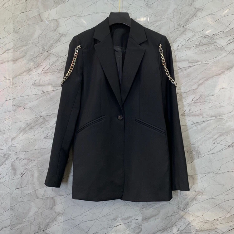 

Новинка 2021, женский модный блейзер с отложным воротником и цепочкой, украшенный длинными рукавами, универсальный Блейзер 1210
