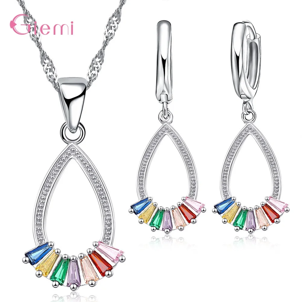 

925 Sterling Silver Colorful Waterdrop Zircon Jewelry Sets For Sale Fashion Bridal Wedding Jewelry Necklace& Earrings Wholesale