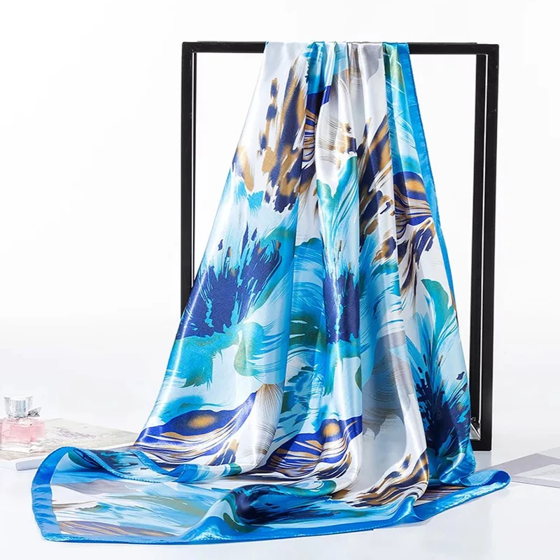 

2020 Women Silk Satin Hijab Scarf Floral Print Handkerchief Hair Scarfs Female 90*90cm Square Shawls and Scarves For Lady Winter