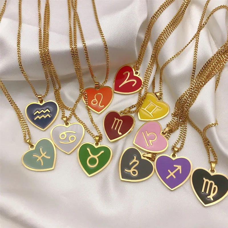 

Heart Enamel Star Zodiac Sign 12 Constellation Necklaces Trend Charm Gold Chain Choker Necklaces for Women Birthday Jewelry Gift