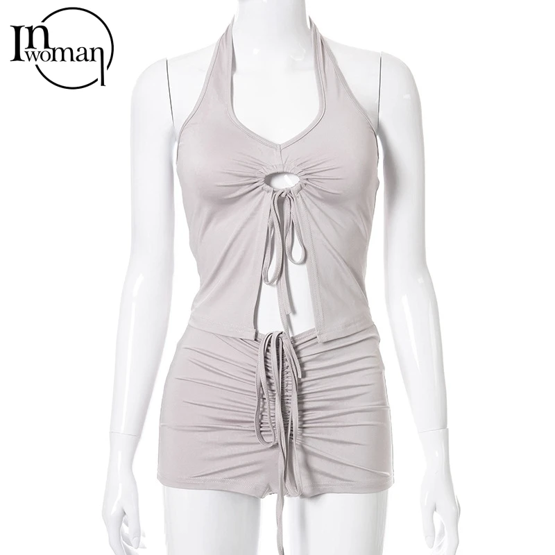 

Inwoman Summer Sexy Two 2 Piece Set Outifits Ladies Matching Ruched Sleeveless Bodycon Lace Up Hollow Out Crop Top Shorts Sets