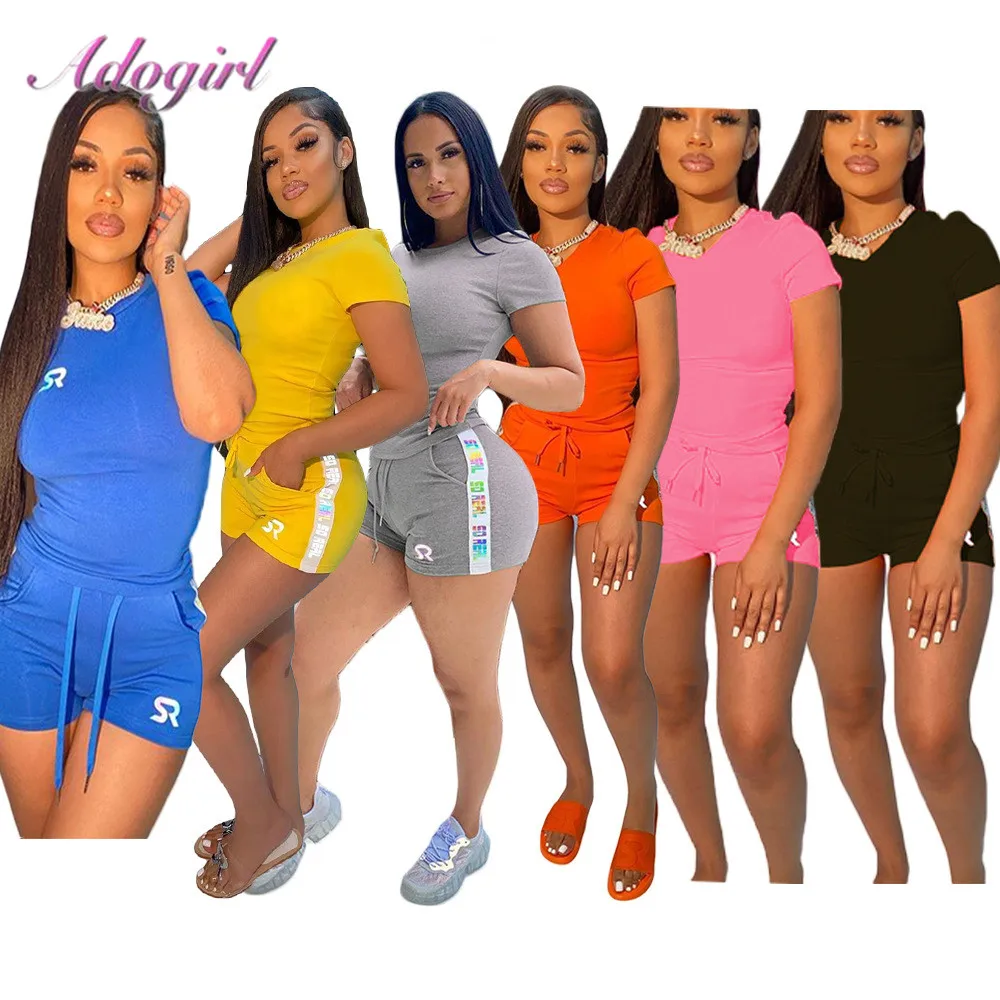 

Women Summer Tracksuit Casual Letter Print Short Sleeve Crop Tops T-Shirt Bikers Shorts Pant Outfit Jogger Two Piece Set Fitness