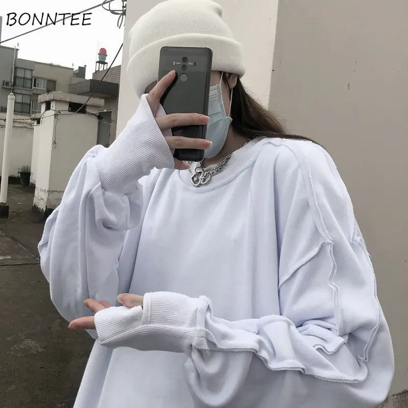 

Solid Hoodies Women O-Neck Loose Thicker Warm Korean Style Students Trendy Soft Casual Girls All-match Harajuku Cotton Simple