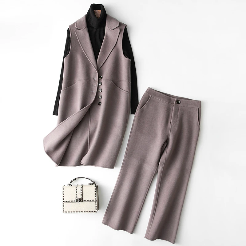 

Комплект из 2 предметов, женский длинный шерстяной жилет, топ и брюки до щиколотки, женский костюм, пальто на весну и осень, наряды, комплект д...