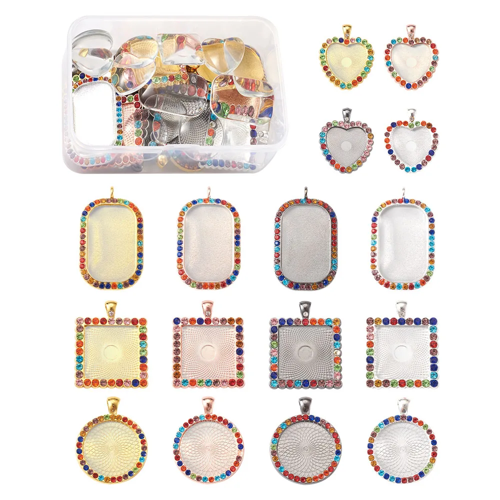 

1Box Alloy Rhinestone Pendant Cabochon Settings with Transparent Glass Crystal Cabochons For DIY Necklace Jewelry Making Decor