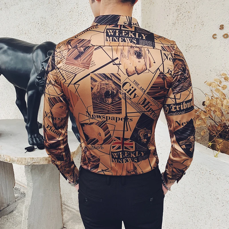 

Gold Print Designer Mens Shirts Fashion Casual Long Sleeve Shirts High Quality Dress Shirt Men Night Club Prom Social clothing