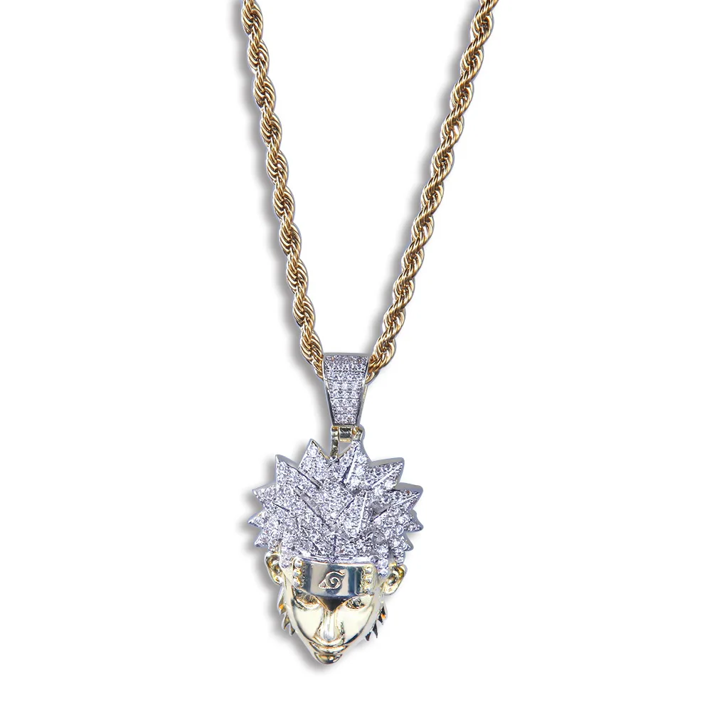 Хип хоп Полный AAA CZ Циркон Bling Iced Out мультфильм Наруто Uzumaki Подвески ожерелье для мужчин Rapper ювелирные изделия золото серебро подарок