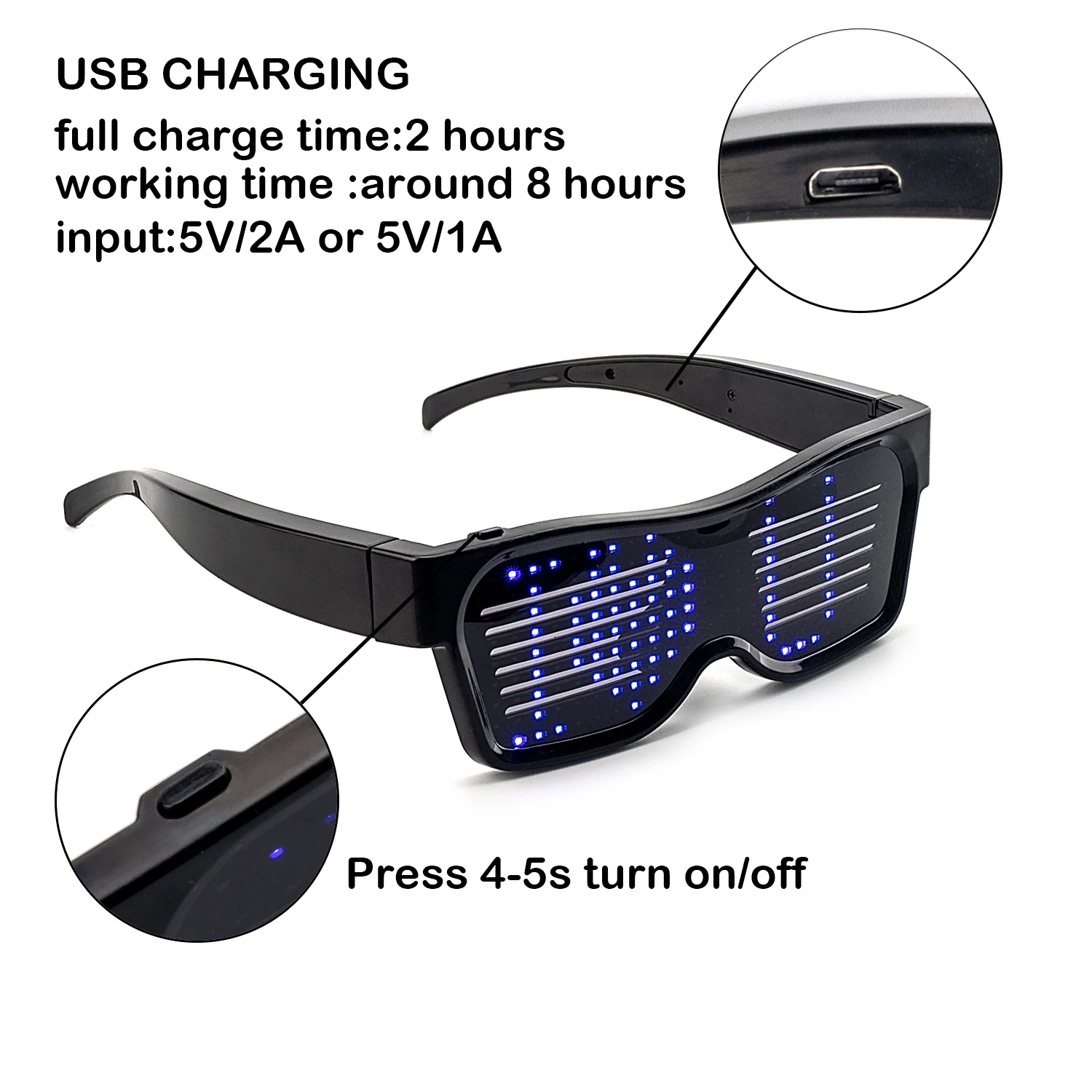 Bluetooth ProgrammableText USB Charging LED Display Glasses Dedicated Nightclub DJ Holiday Party Birthday Children's Toy Gift