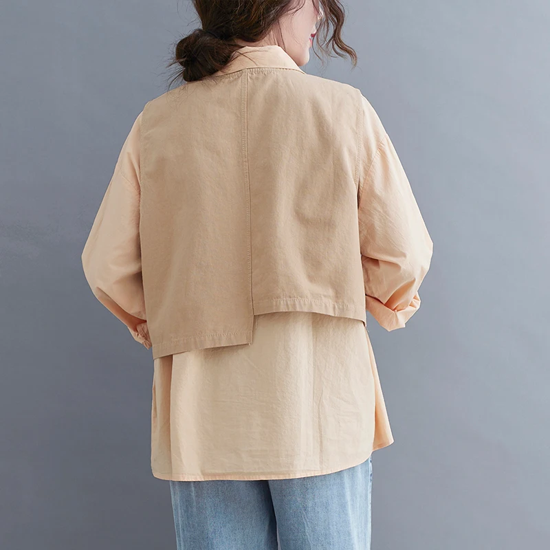 

IEQJ Black Casual Vacation Irregular Big Size Two-piece Vest Shirt New Lapel Long Sleeve Loose Women Fashion Summer 2021 3F0439