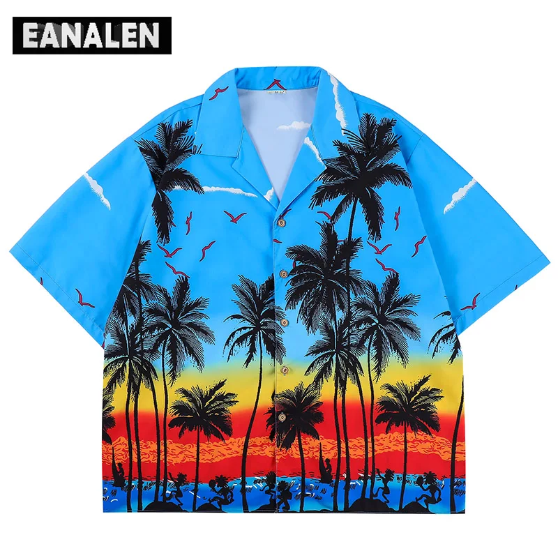 

Summer Harajuku Coconut Beach Print Button Shirt Men's Oversized Korean Clothing Fashion Casual Anime Beach Hawaiian Shirt Retro