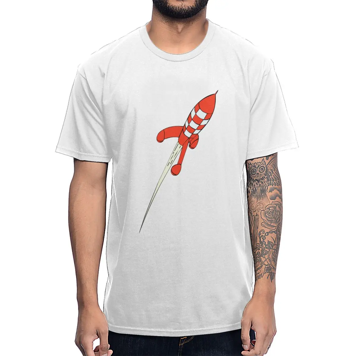 

Tee Round Collar Soft Cotton Cute T Shirt For Men Rock Roll Tintin Destination Moon Rocket