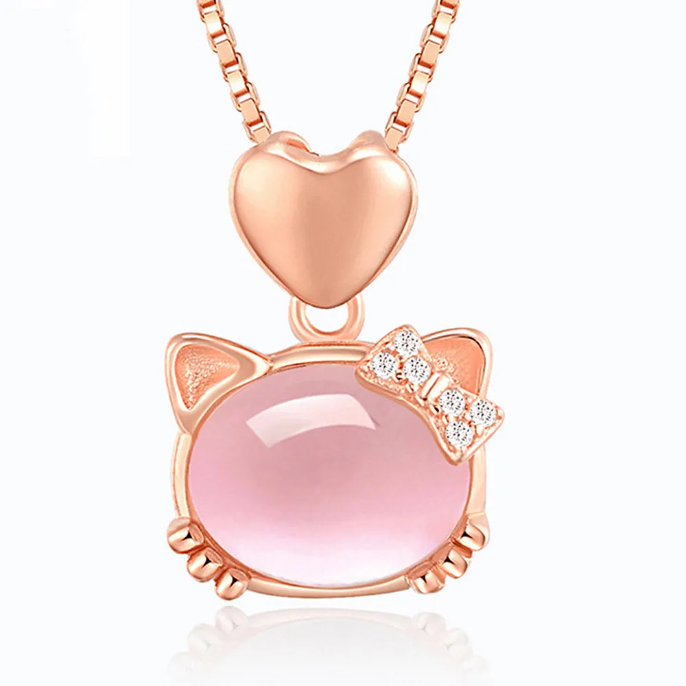 

Cute Cat Pink Crystal Quartz Diamonds Gemstones Pendant Necklaces for Women Rose Gold Filled Choker Jewelry Love Gift Accessory