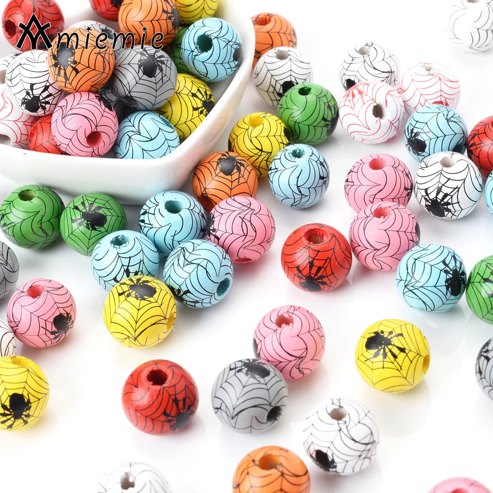 10Pcs/Lot 15mm Spider Beads Round Wood Mixed Halloween Loose For DIY Decoration Party Making Bracelet Necklace Accessories - купить по