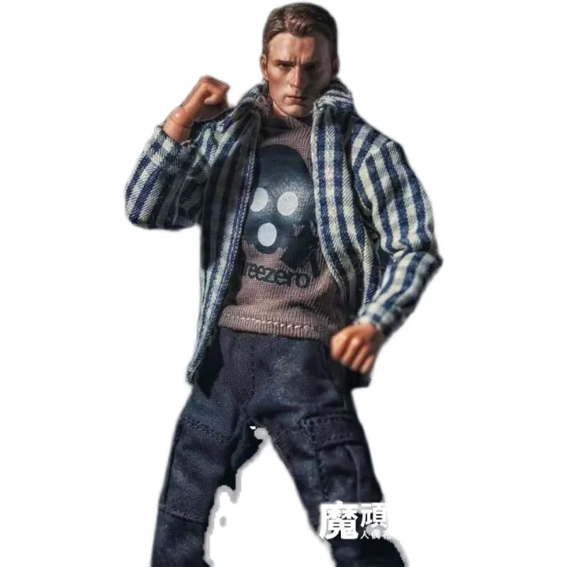 

1/12 Scale male soleiers clothes set plaid coat brown T shirt black overalls fit 6'' Action figure doll