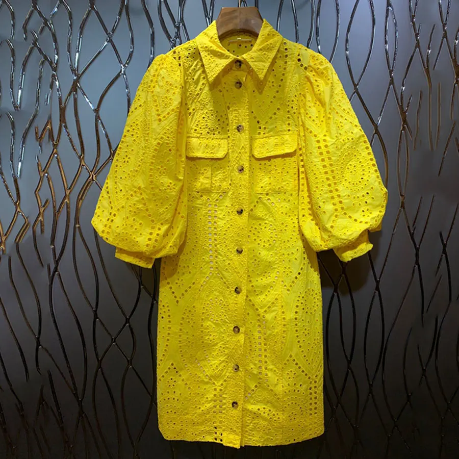 yellow Высококачественное модное женское платье с длинным рукавом, однотонное платье-блузка с пышными рукавами и отложным воротником, женское вечернее платье - Цвет: yellow