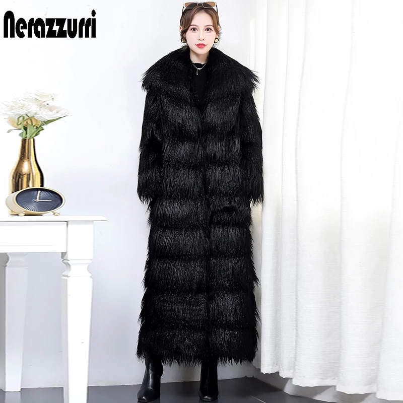 

Nerazzurri Extra long warm black mongolian fur coat women Striped winter clothes women 2020 Womens faux fur coats and jackets