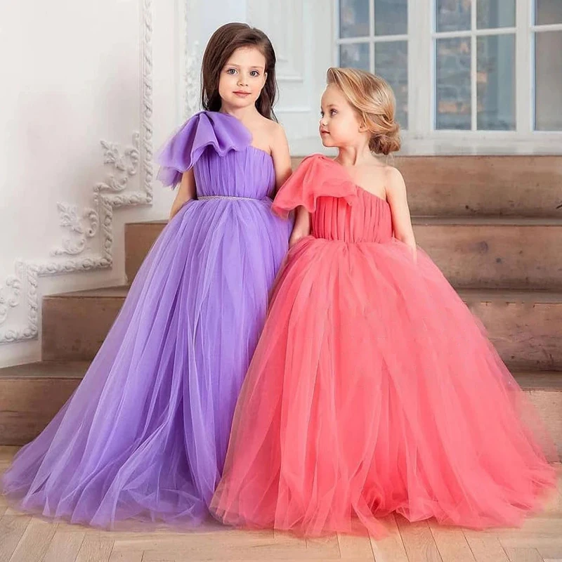 

Платье с открытым плечом для девочек, пышная балахон из фатина, с цветами, персиковый розовый, для первого причастия, на день рождения