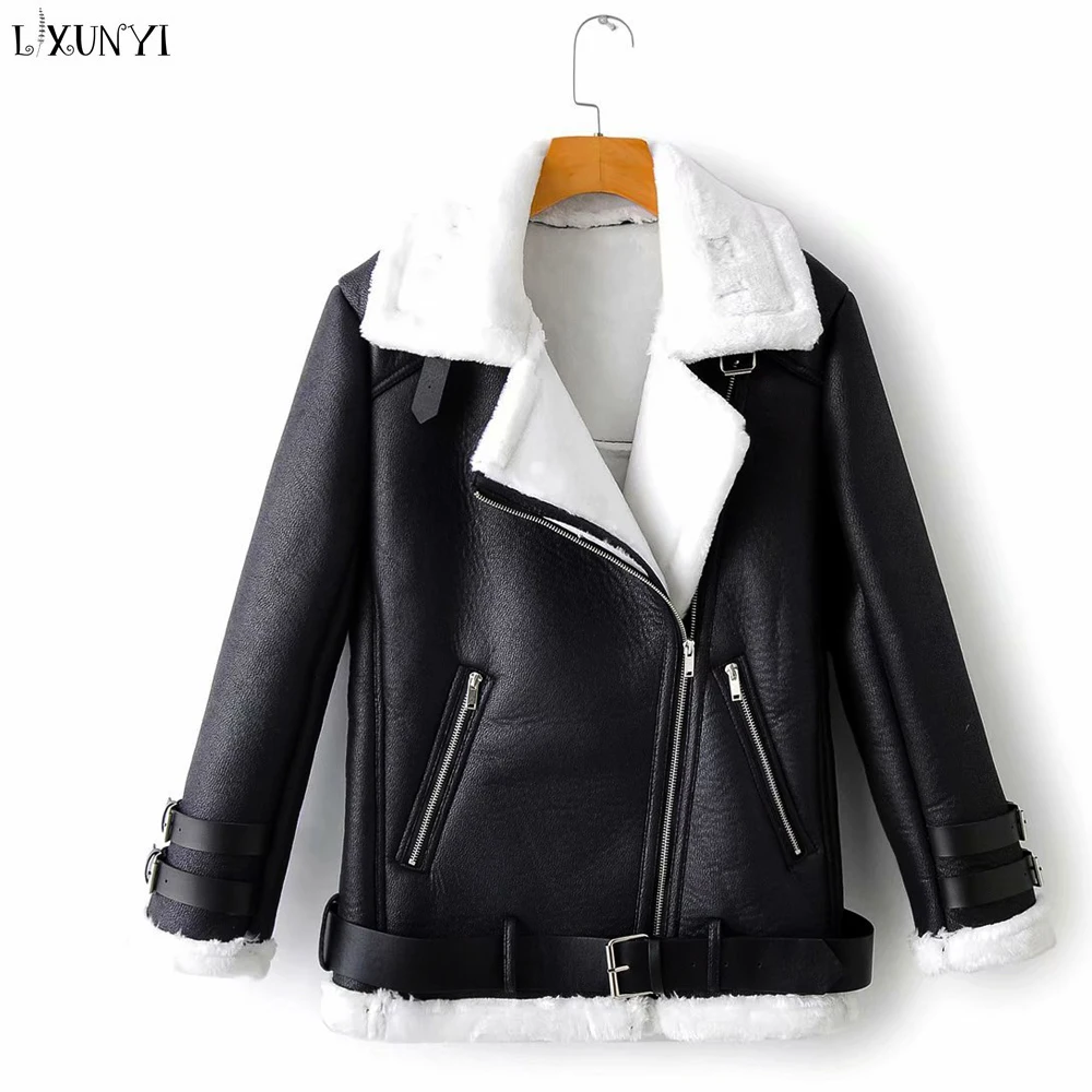 LXUNYI Winter Leather Jacket Women Long Sleeve Thick Warm Faux Sheepskin Leather Coats Shearling Jacket Female Fashion Outwear