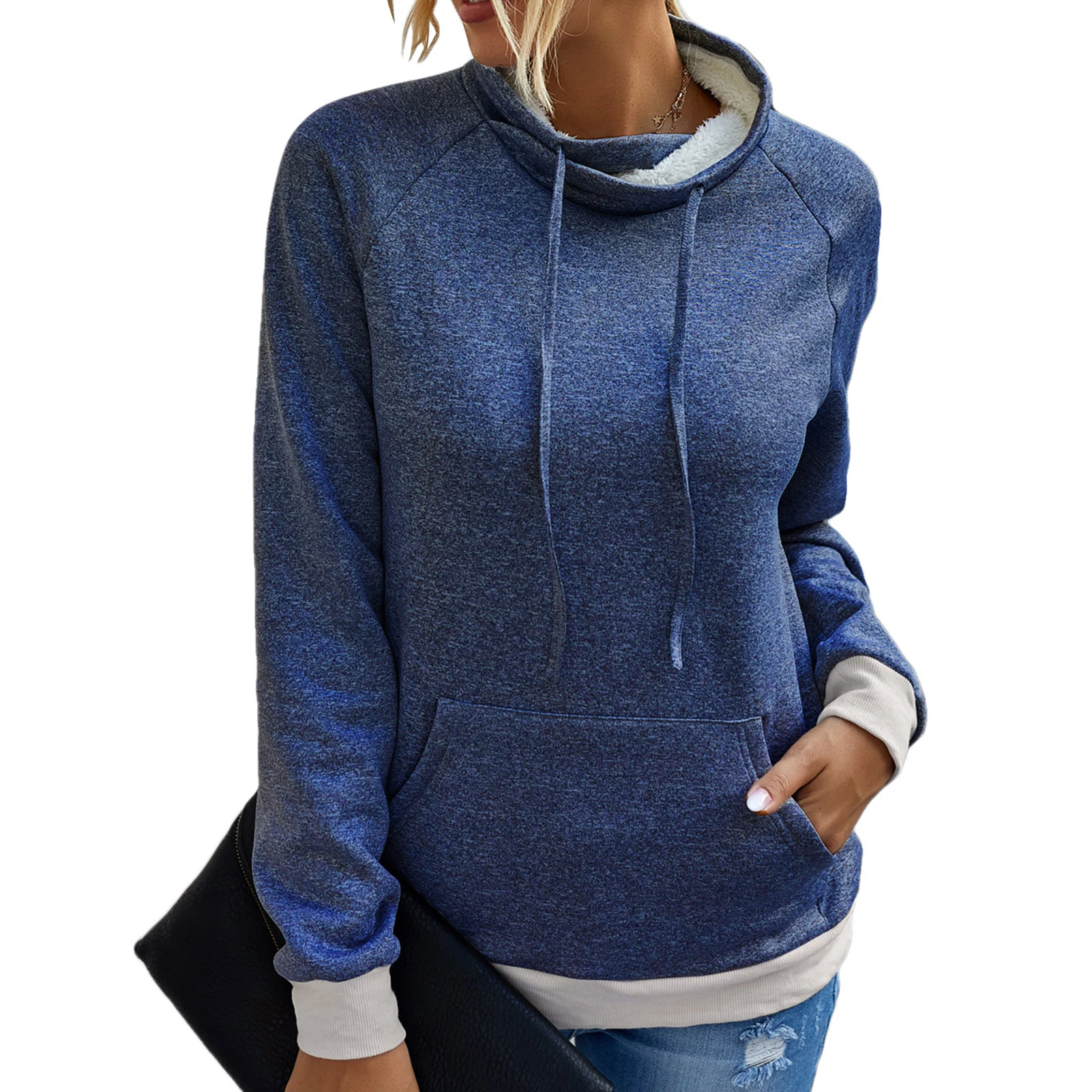 

Women Stand Collar Long Sleeve Drawstring Pocket Hoodie Plush Lining Sweatshirt