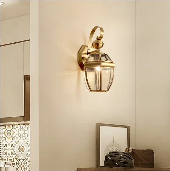 

All copper indoor and outdoor wall lamp courtyard waterproof rainproof wall lamp American simple creative bedroom bedside lamp