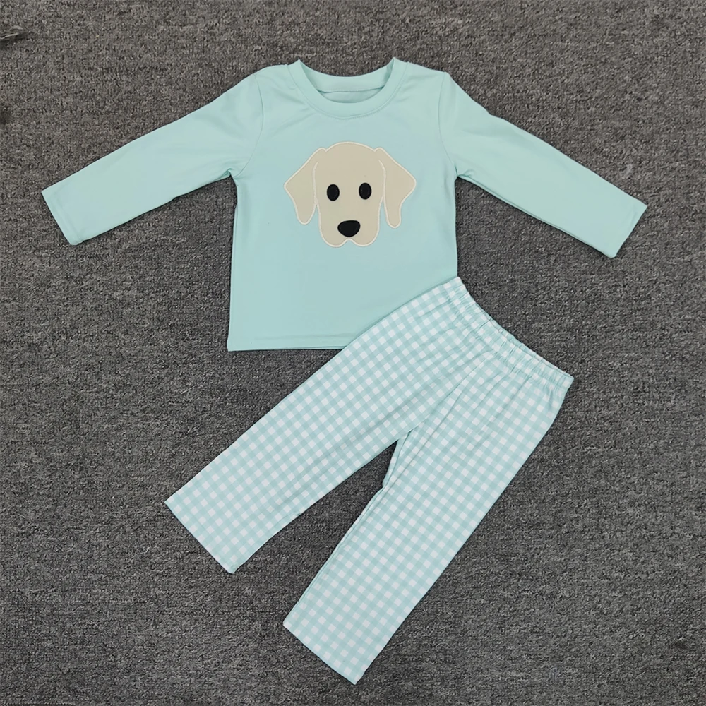 Ropa de oto&ntilde;o para ni&ntilde;os, Top de manga larga azul y pantalones a cuadros blancos, tres patrones de bordado de Tractor-4