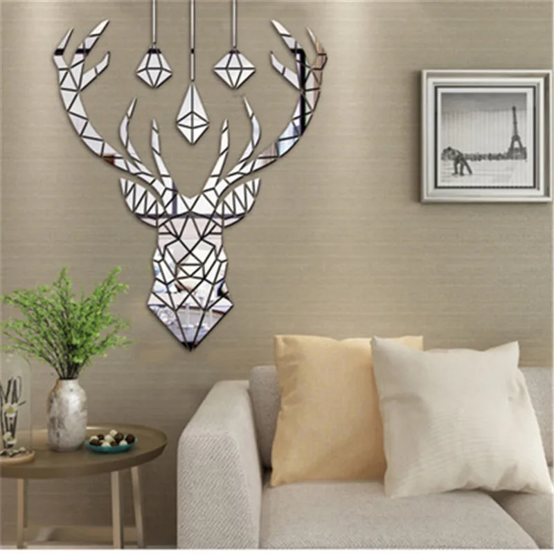 3D зеркальные настенные Стикеры с головой оленя декоративные акриловые наклейки