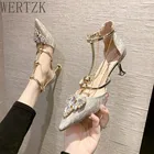 Женские прозрачные туфли-лодочки, с острым носком, с хрустальной пряжкой и ремешком, золотистый, серебристый, цвета алмаза