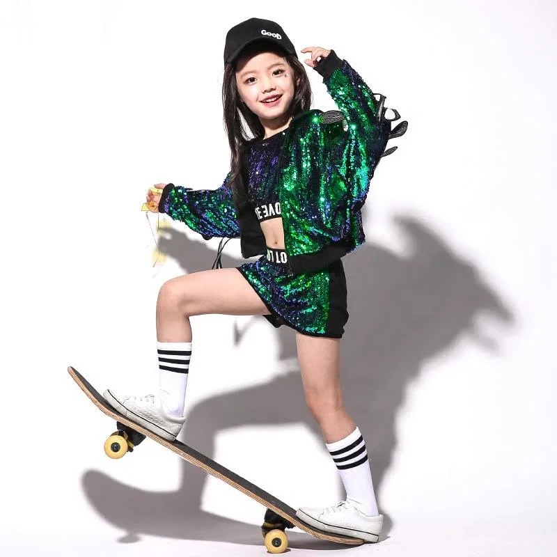 

Bazzery Girl Sequin Hip Hop Street Dance Kids 3Pcs Set Child Cool Jazz Jacket Tank Top Outfit Teenage Costume Clothes Streetwear