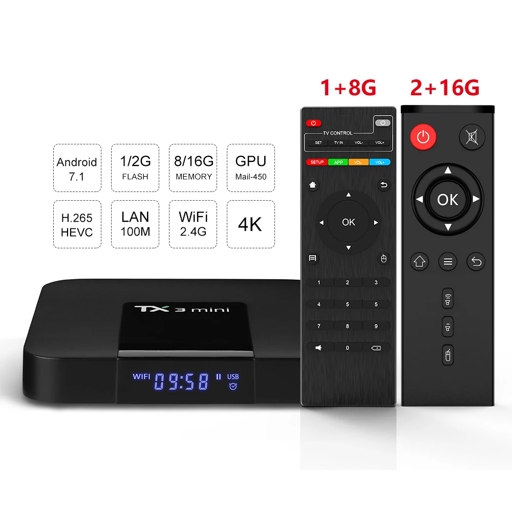 Tanix TX3 мини-телеприставка IPTV Android 7,1 Amlogic S905W четырехъядерный процессор 2 Гб 16 Гб H.265 декодирование 4K Wifi смарт-приставка медиаплеер