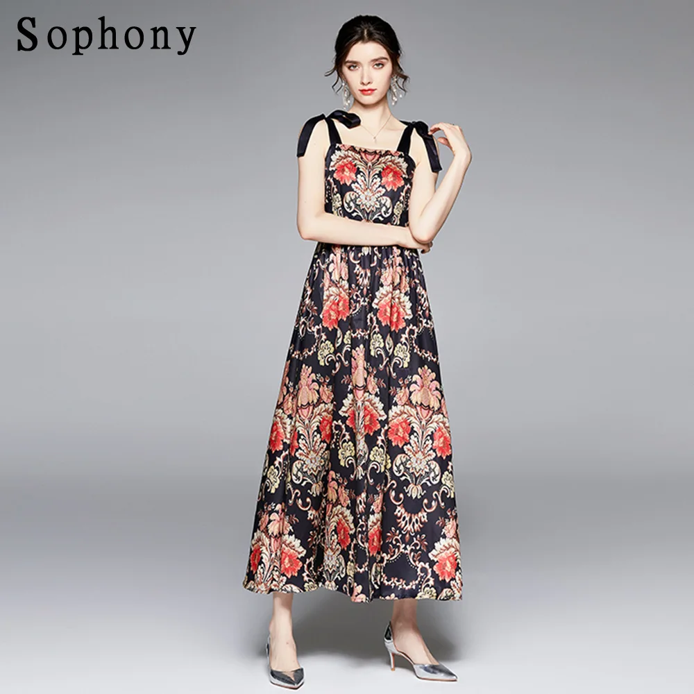 

Women Ribbon Bow Spaghetti Strap Flower Print Backless Elegant Party Dresses 2021 Summer Fashion Runway Floral Dress 1892