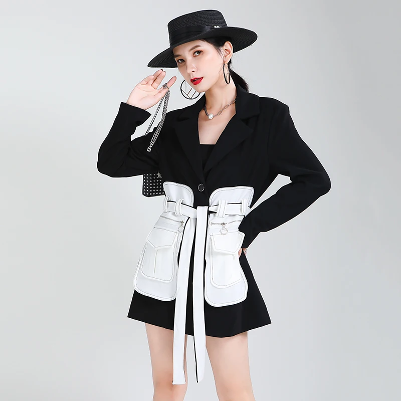 Patchwork Lace Up Bowknot Blazer For Women Notched Long Sleeve Tunic Casual Jacket Female 2020 Autumn Fashion New Clothing K992