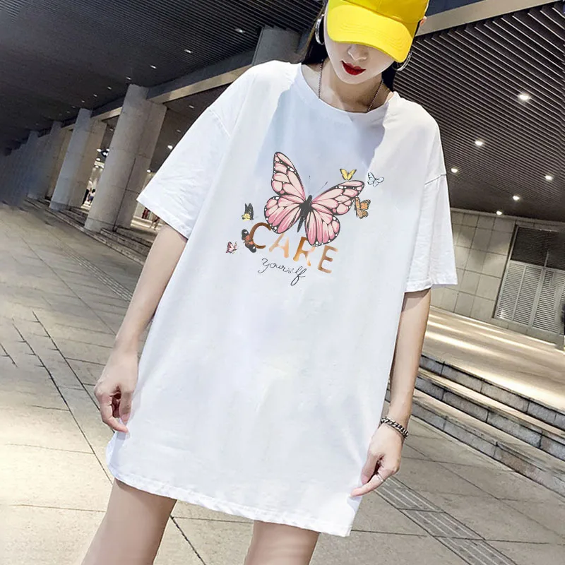 

Dress Pink Butterfly Print Mini Women Loose Summer T-Shirt Dresses Korean Short Sleeve Streetwear Casual Pullover Robe