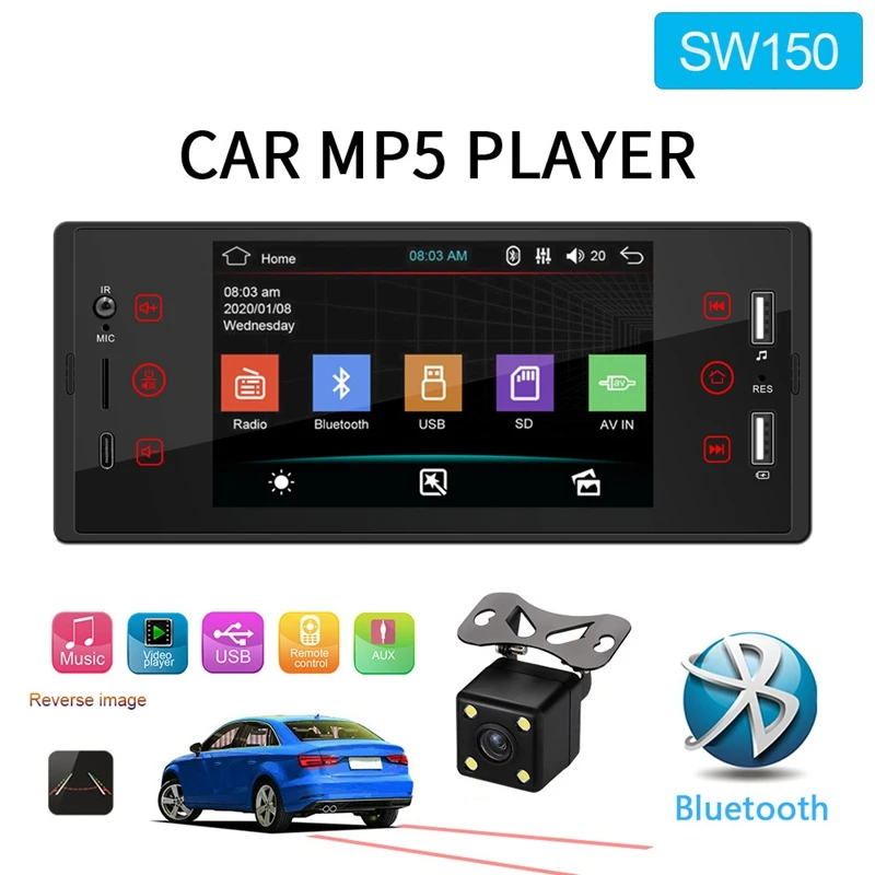 5-дюймовый автомобильный MP5-плеер 1 Din аудиоплеер ISO многоцветный Bluetooth TF USB быстрая