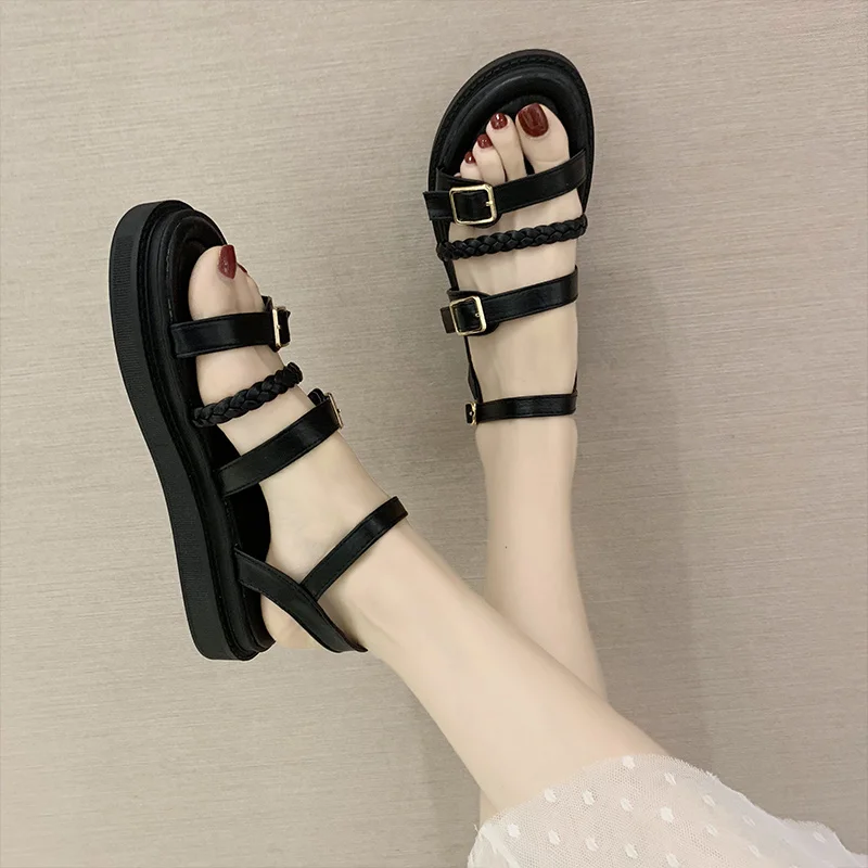 

2021 New Summer Female Flat Shoes Woman Korean Wild Beach Shoes Students Thick Bottom Roman Sandals Sandals Women