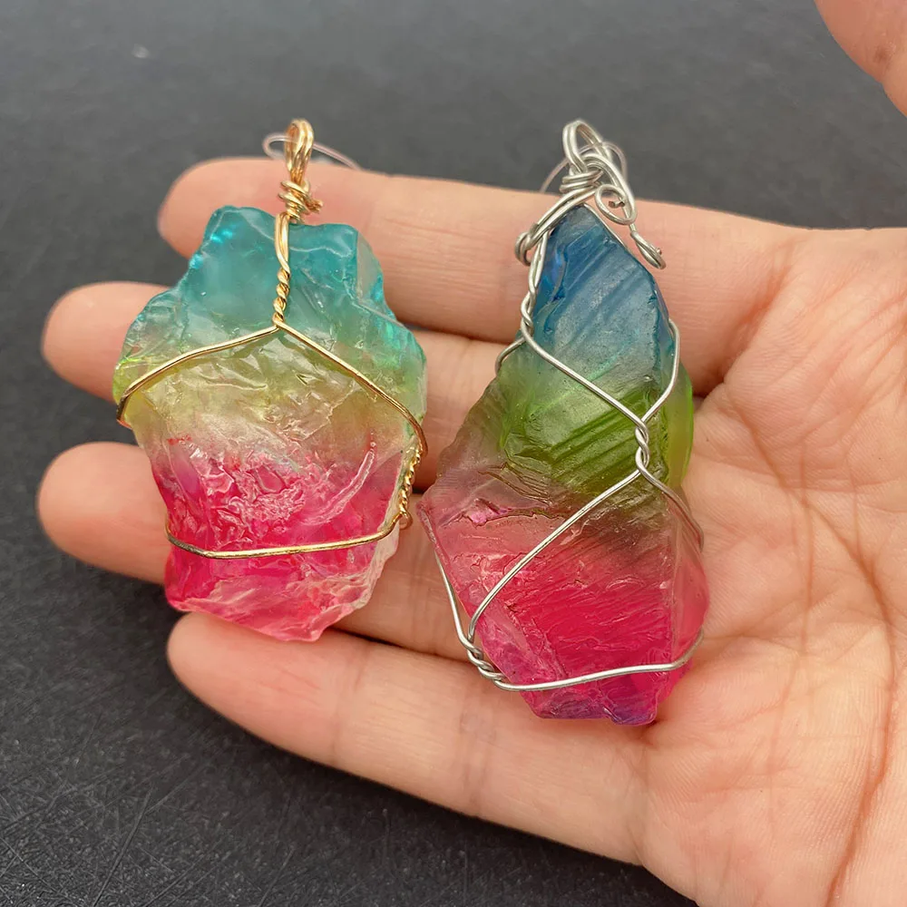 

1PCS Natural Semi-precious Stone Pendant Irregular Shape Colored Copper Wire Winding Pendant for DIY Necklace Jewelry Making