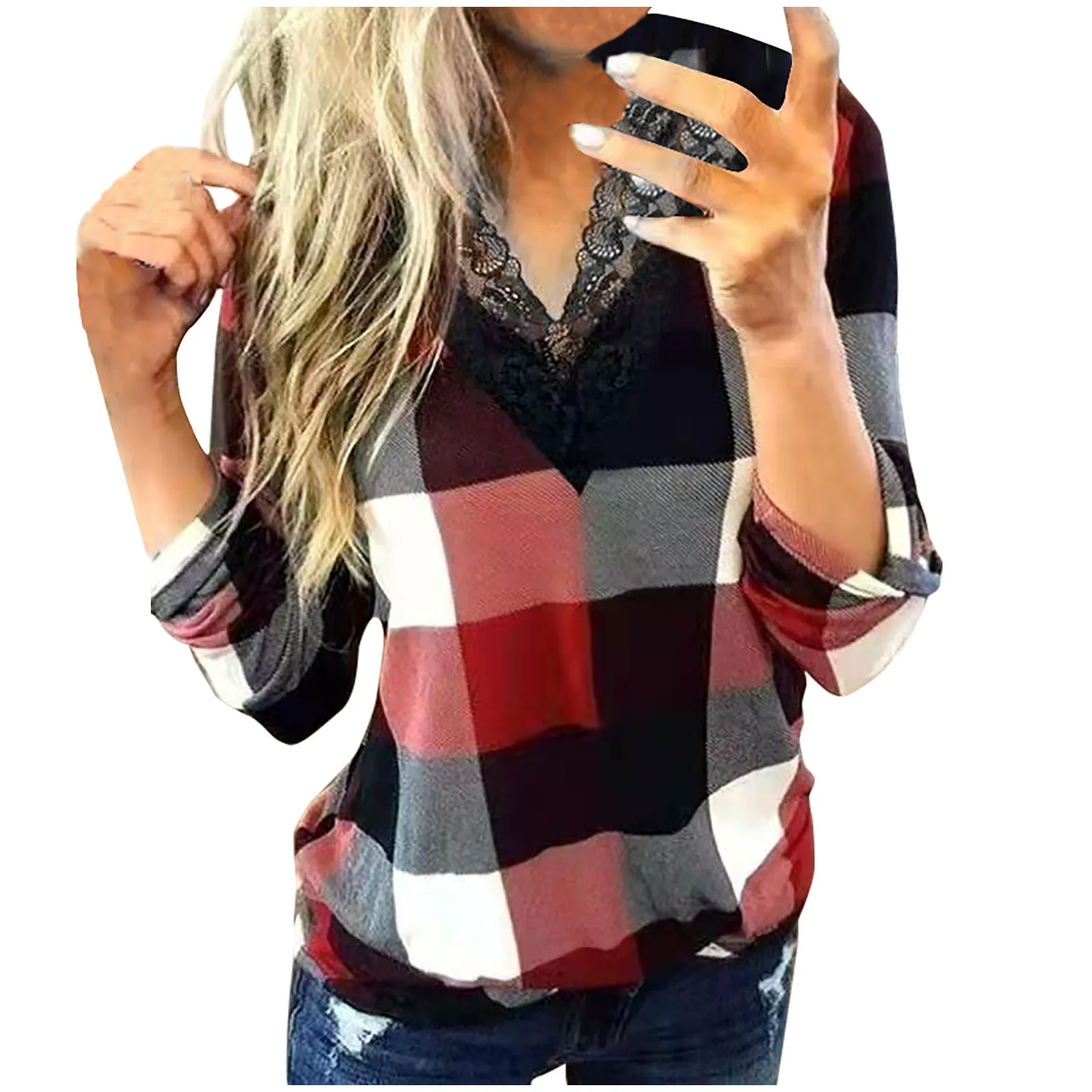 

Autumn Winter Fashion Lace Slim Women Plaid T Shirt Chic Checked Pullover Long Sleeve Female Casual Print Loose Comfortable Tops